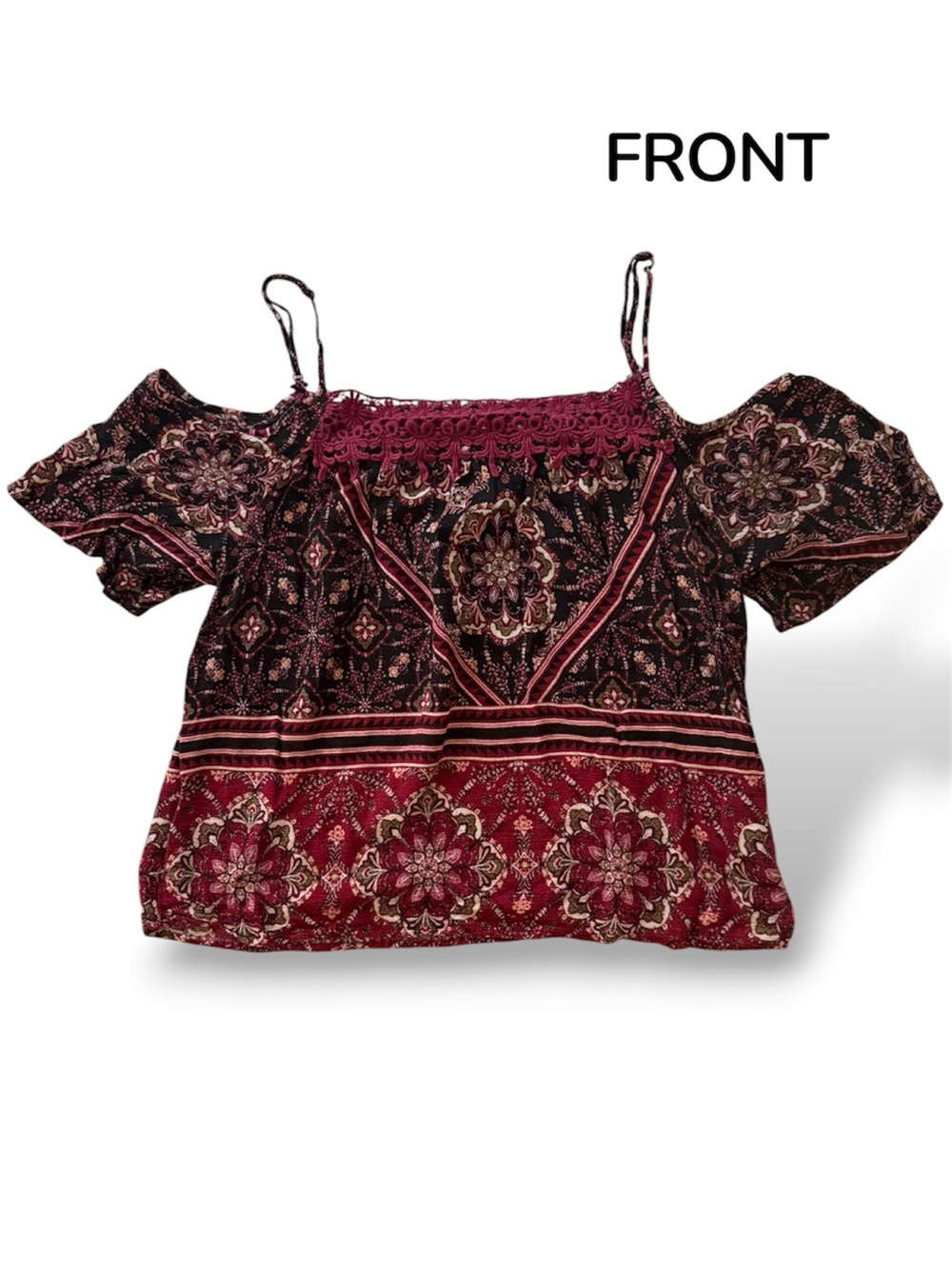 meraki Burgundy Floral Off-Shoulder Top with Lace Yoke